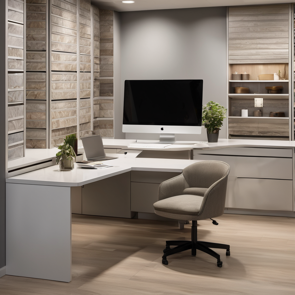 Modern home improvement company office displaying renovation samples and cabinet displays