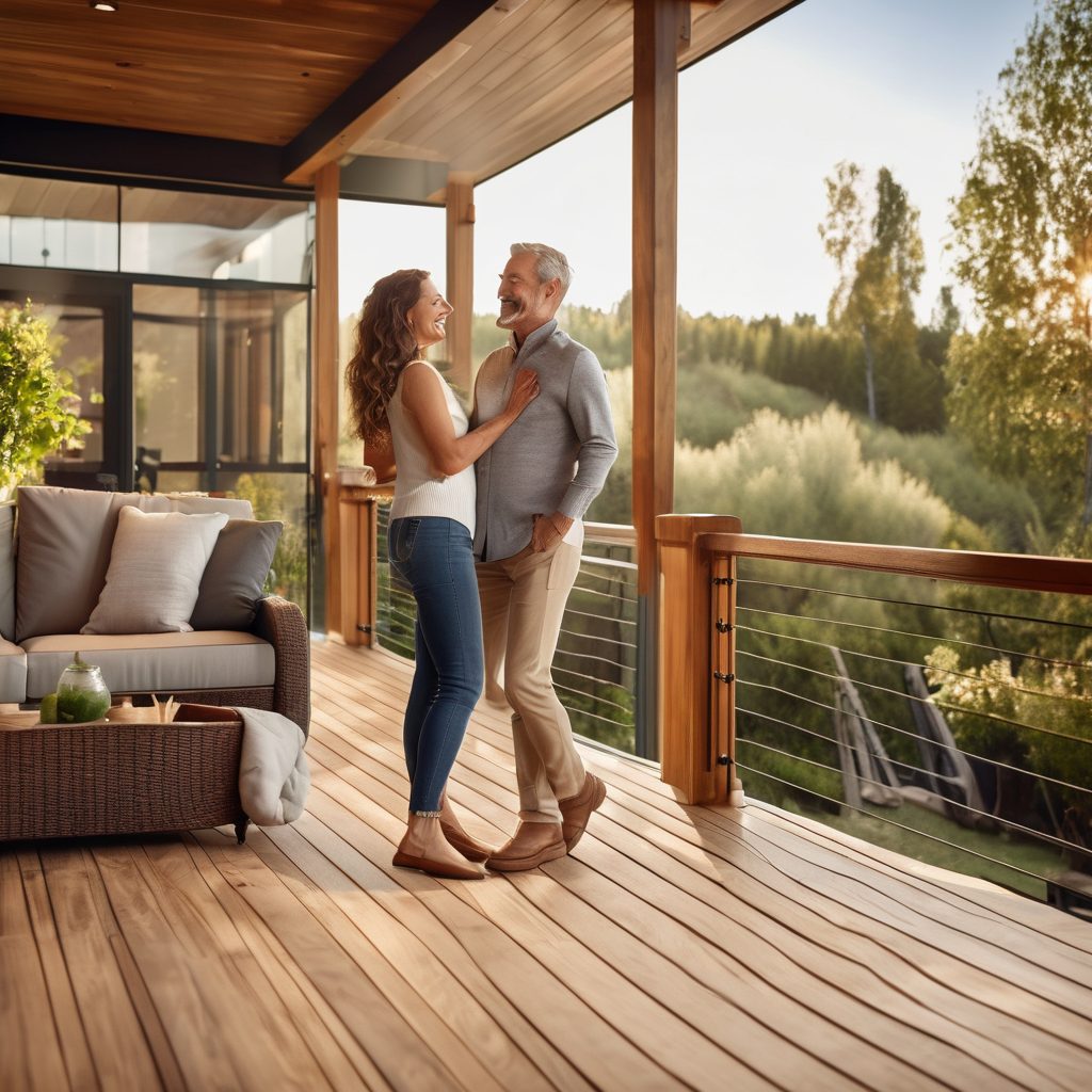 Couple on a covered wooden deck with cable railings